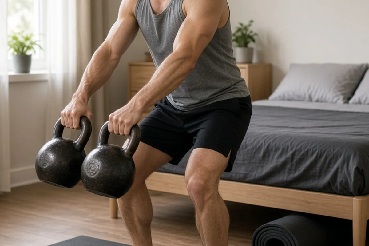 A man in his mid-thirties with short dark hair performs kettlebell swings in a bedroom, wearing a gray tank top and black shorts, with a rubber mat rolled beneath the bed