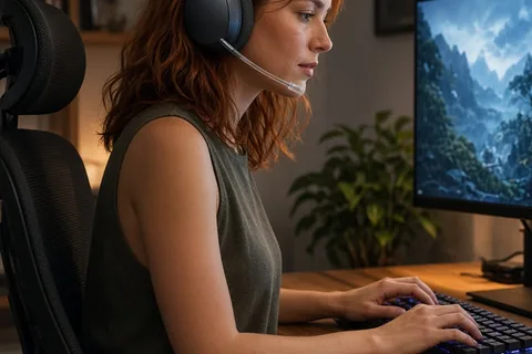 A woman with shoulder-length auburn hair wearing a lightweight open-back gaming headset at a desk with a computer monitor in the background, focused on the screen