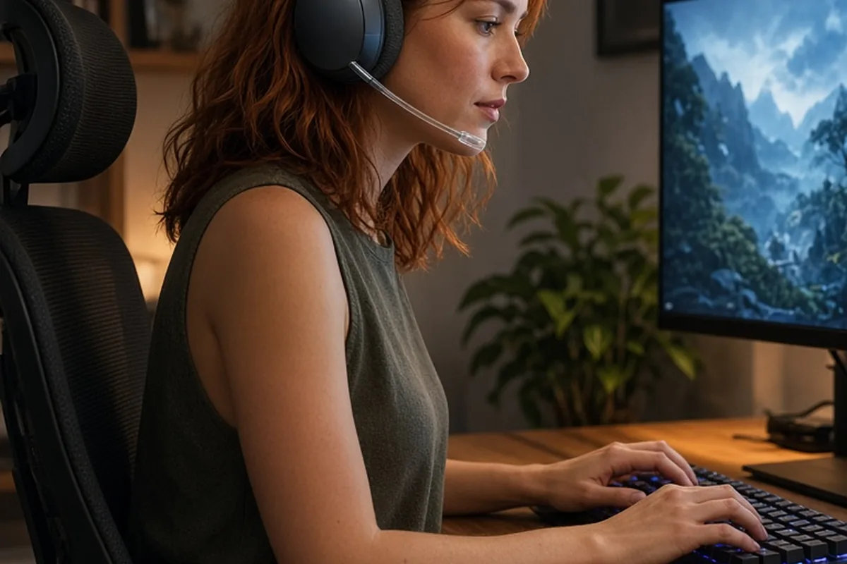 A woman with shoulder-length auburn hair wearing a lightweight open-back gaming headset at a desk with a computer monitor in the background, focused on the screen