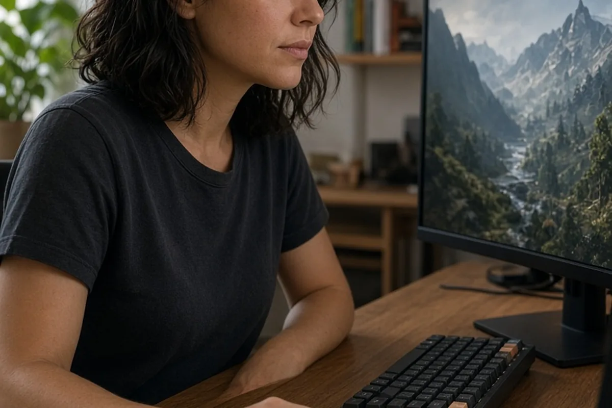Clearly adult woman at desk using ergonomic gaming mouse with natural relaxed wrist position, focused on monitor