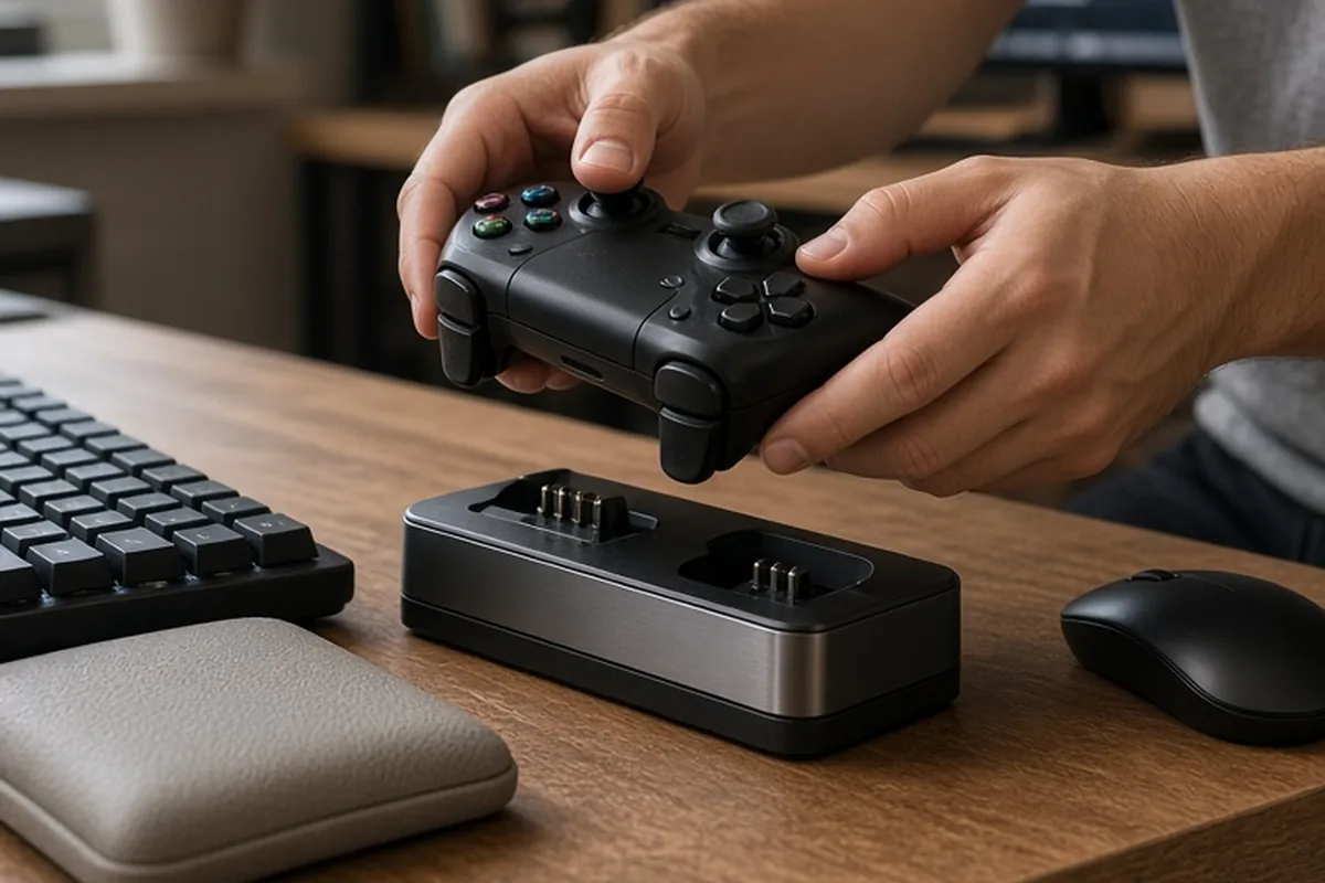 A man at his desk placing a game controller into a dual charging station