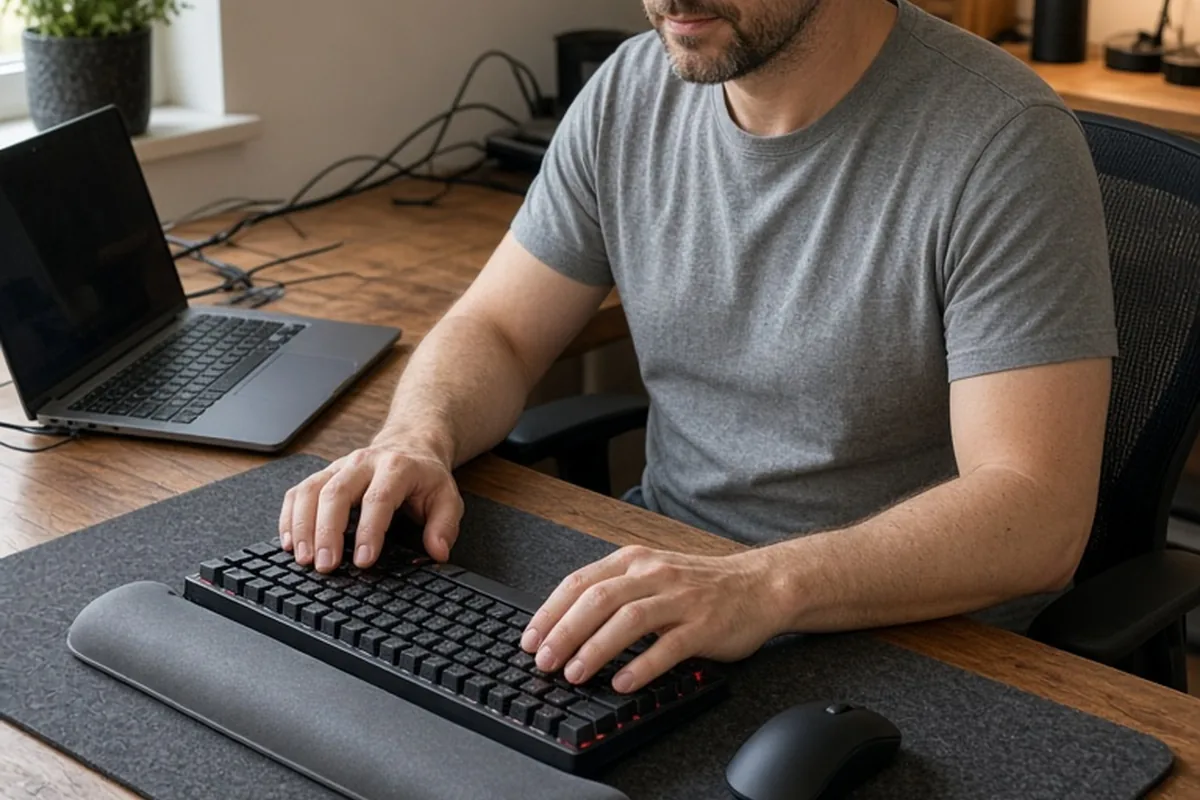 A man at his home office desk with ergonomic desk accessories including a large desk mat and wrist rest, engaged in typing on his laptop