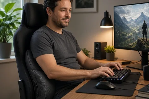 Male gamer in his thirties seated at desk with back supported by memory foam lumbar cushion, hands on keyboard in modern home office