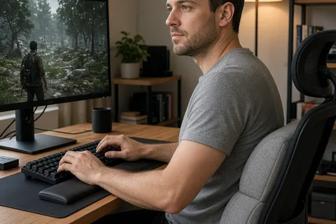 A mid-thirties man seated at a desk typing on a keyboard with hands on a wrist rest, back supported by a lumbar pillow in a home office setting