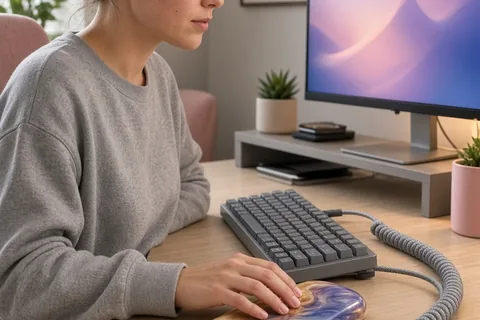 A woman with shoulder-length blonde hair sitting at a desk in a home office with her hands resting on a custom resin wrist rest and coiled keyboard cable visible.
