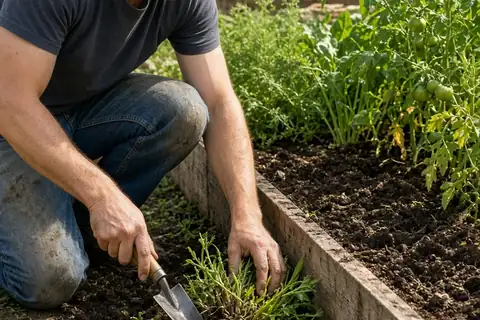 A man using a hori-hori trowel to weed in a raised garden bed