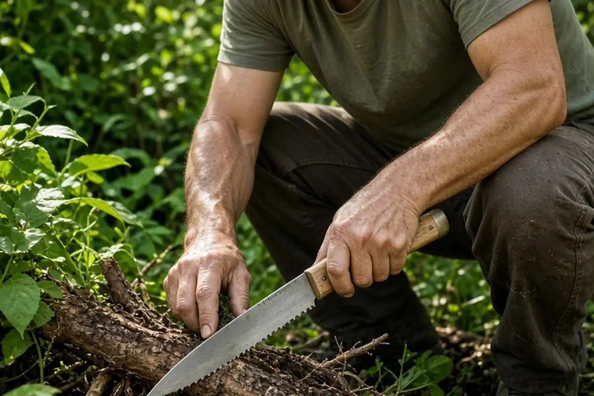 A man using a Japanese hori-hori knife to cut a plant root from garden soil