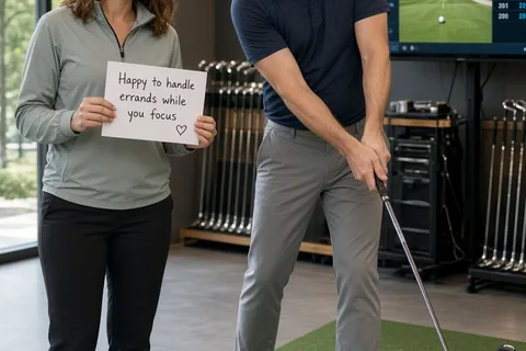 A woman in her early thirties with shoulder-length brown hair wearing a quarter-zip pullover stands beside her husband in his early forties wearing a golf polo shirt as he swings a driver club in fron