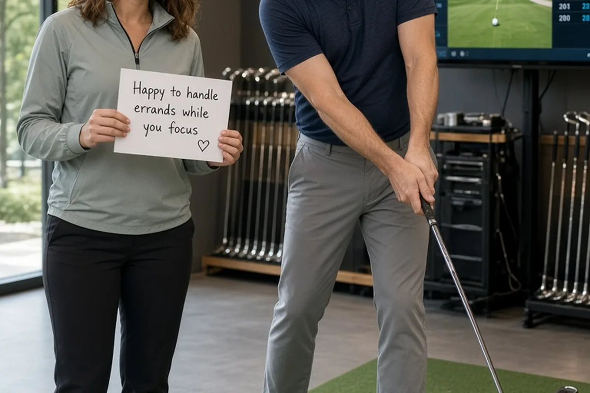 A woman in her early thirties with shoulder-length brown hair wearing a quarter-zip pullover stands beside her husband in his early forties wearing a golf polo shirt as he swings a driver club in fron
