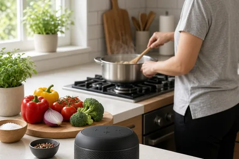 A clearly adult woman in her mid-thirties with short straight black hair and brown eyes wearing a light gray t-shirt and black pants in a bright modern kitchen, standing at the stove with a portable B