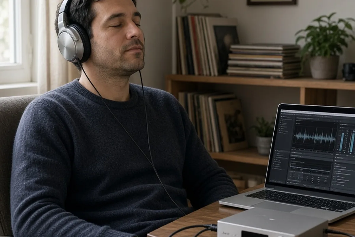 A clearly adult man in his mid-thirties with short dark hair wearing a light gray sweater sits in an armchair wearing open-back headphones, looking at a laptop screen displaying music software in a ho