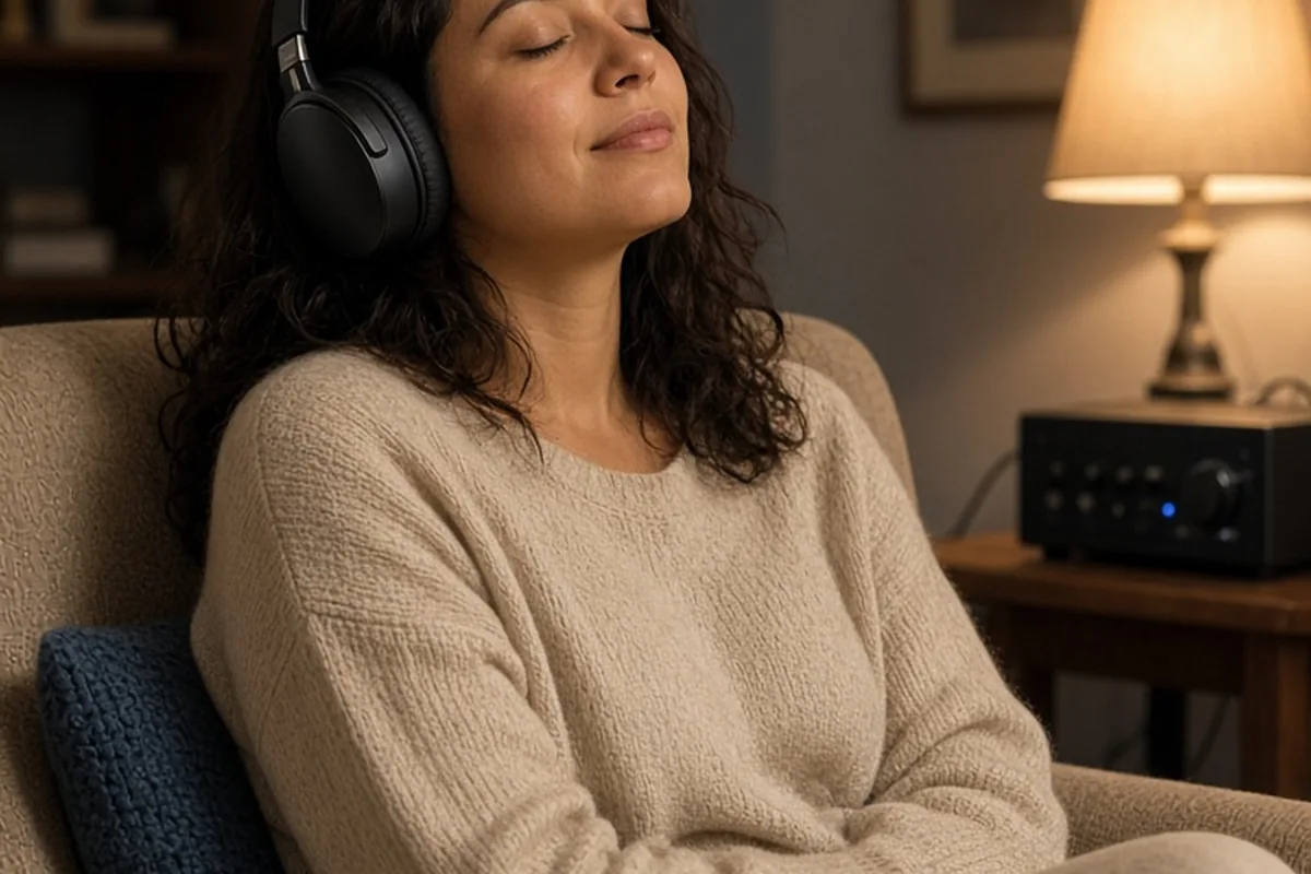 A woman in a living room chair wearing open-back headphones with eyes closed, relaxed and listening to music