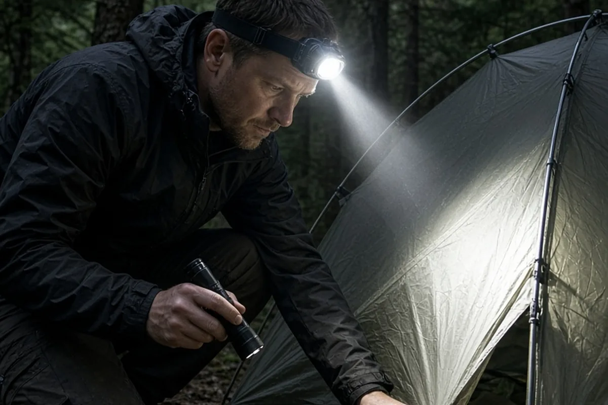 A man in a hooded jacket and hiking pants sets up a tent at night using a headlamp to light the campsite in the forest at dusk