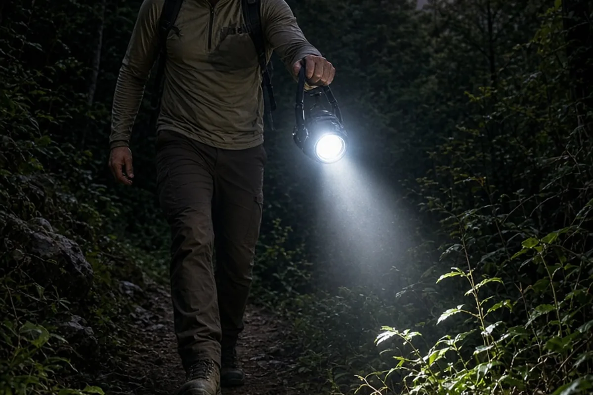 Rugged man on forest trail at dusk using bright rechargeable headlamp