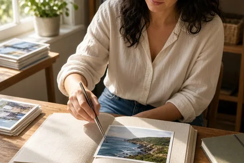 Woman arranging photographs into a linen photo book at a desk