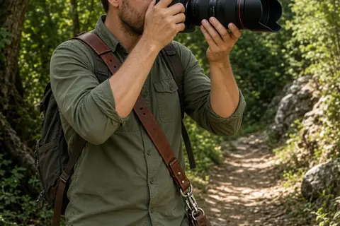 A male photographer in his early thirties with short brown hair on a forest trail wearing a camera vest and hiking pants uses an ergonomic sling strap to bring his DSLR camera with telephoto lens to e
