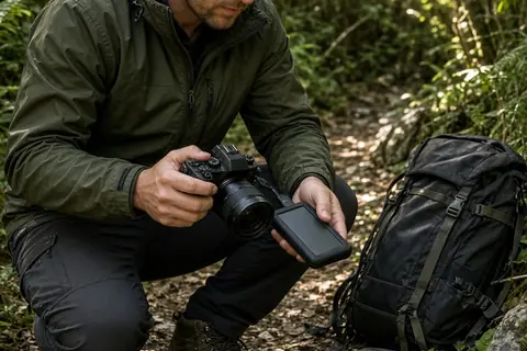 A male photographer in his thirties kneeling on a forest trail, connecting a rugged portable solid-state drive to his camera while on location.