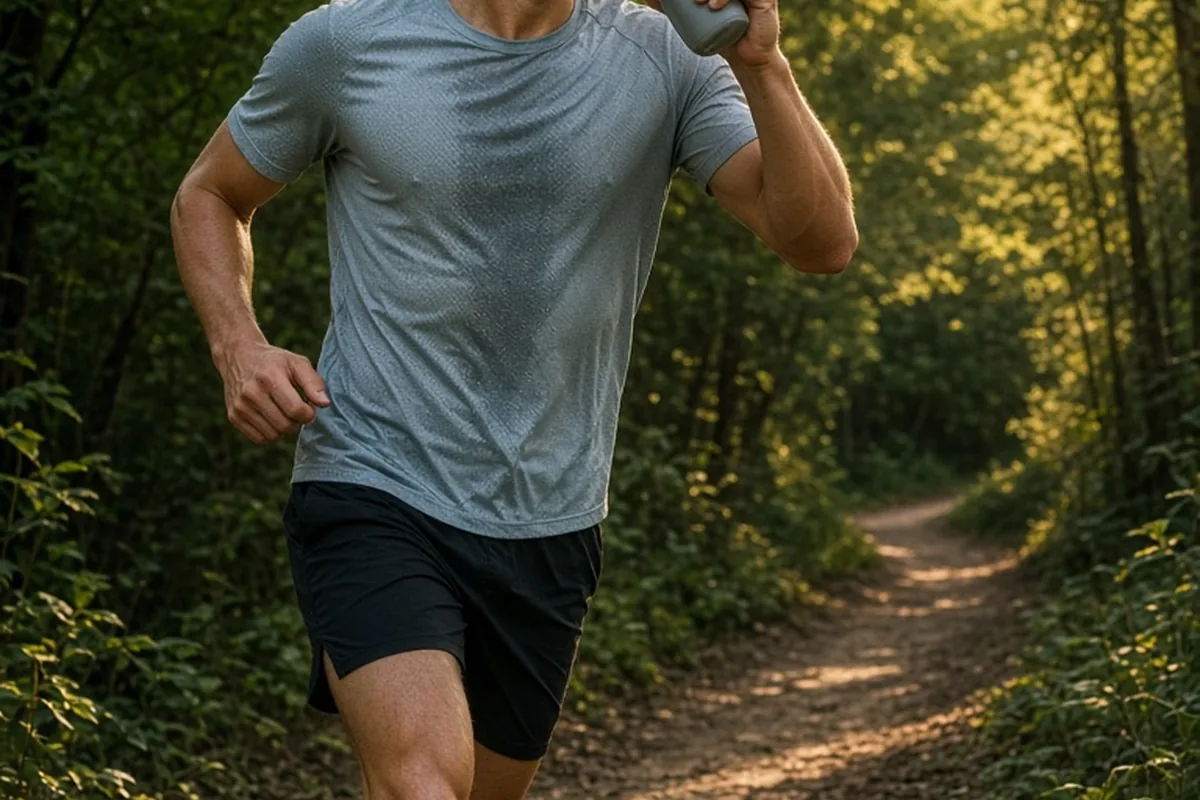 Male runner in athletic wear holding a collapsible hydration flask while running on a forest trail at sunrise