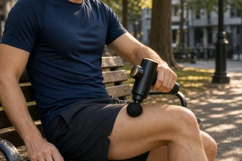 A male runner in his 30s with short dark hair sitting on a wooden bench in a park using a portable percussive massage gun on his right thigh