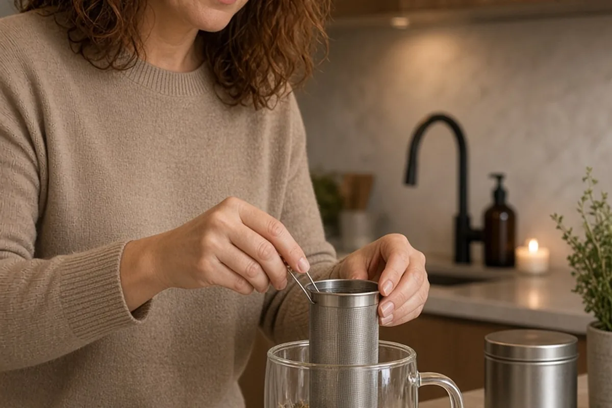 A woman with shoulder-length wavy auburn hair wearing a cream sweater carefully inserting a fine tea infuser basket into a double-walled glass mug filled with lavender flowers on a kitchen counter