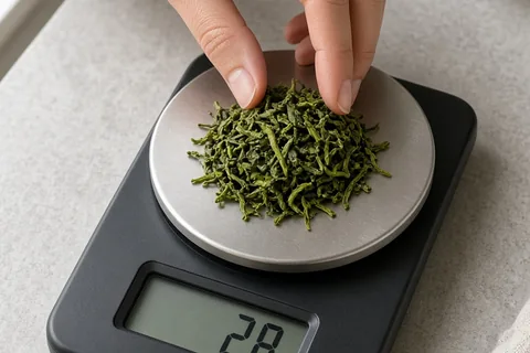 A woman's hand using a digital gram scale to measure loose-leaf tea leaves on a kitchen counter, with the scale display showing the weight