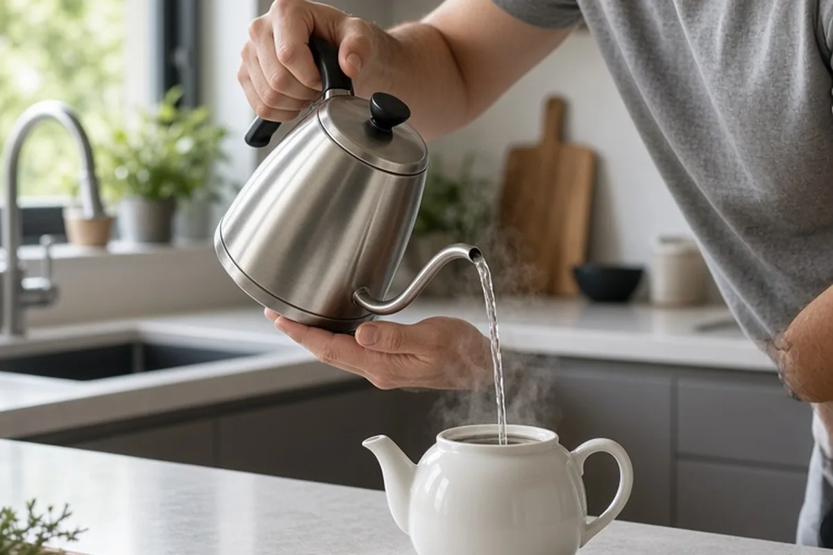 A man in a kitchen pouring hot water from a sleek gooseneck kettle into a small ceramic teapot on the counter with steam rising