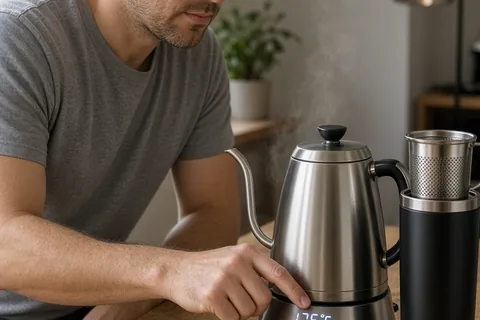 A man at his desk setting the temperature on an electric kettle while brewing tea, with a travel tumbler nearby.