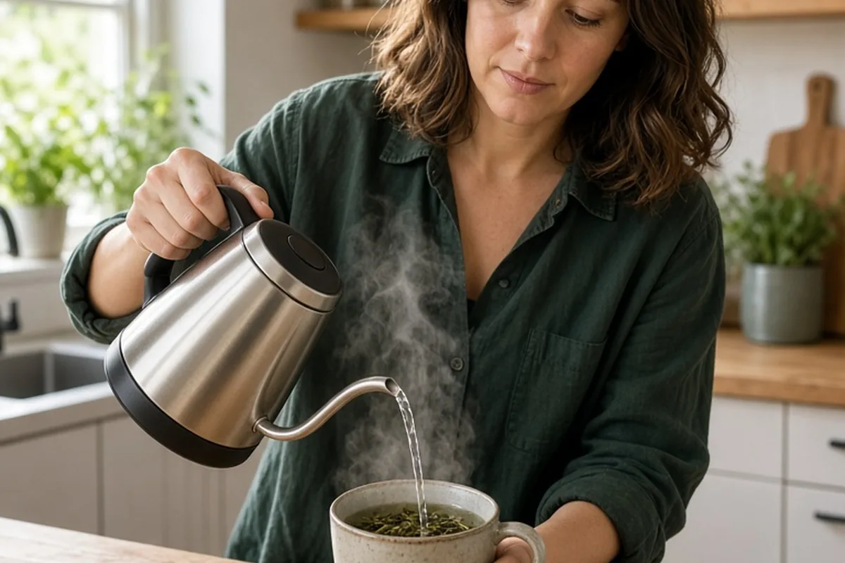 Woman pouring hot water from a gooseneck electric kettle into a ceramic mug with loose tea leaves in a kitchen