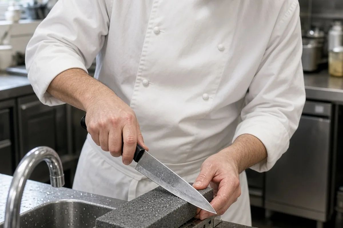 A male chef sharpening a knife at the sink with a water stone and adjustable bridge in a professional kitchen.