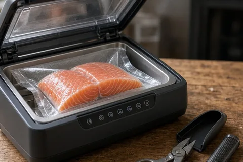 Close-up of a vacuum sealer machine sealing a bag of fish next to braid cutters on a wooden table in a garage