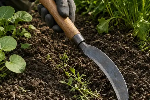 Gardener's gloved hands using a Japanese sickle hoe to slice weeds at the soil surface in a vegetable garden bed