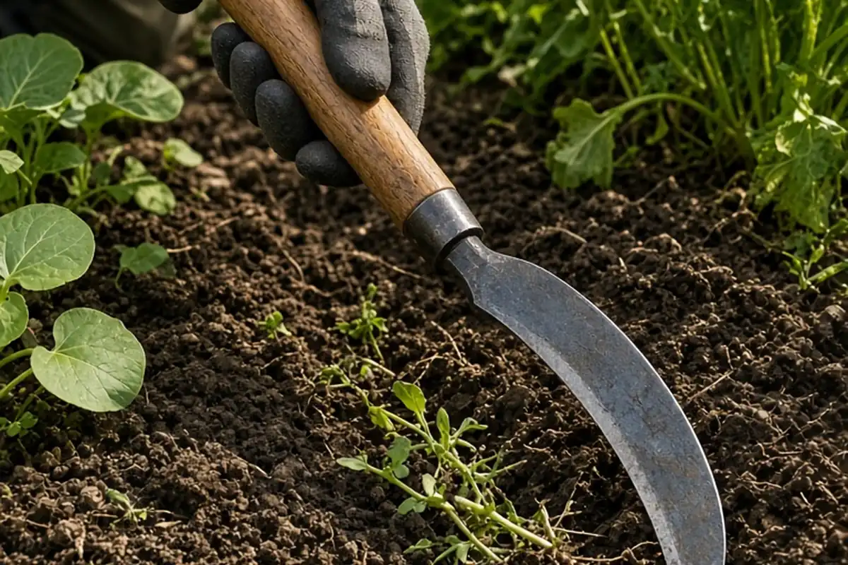 Gardener's gloved hands using a Japanese sickle hoe to slice weeds at the soil surface in a vegetable garden bed
