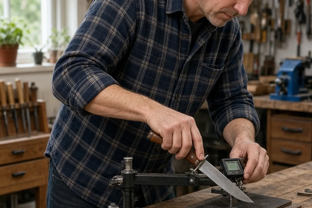 Adult man in his forties sharpening a hunting knife using a guided-angle sharpening system in a workshop