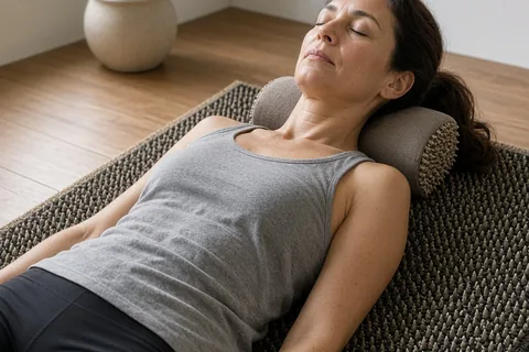 Woman lying on an acupressure mat with neck pillow in a minimalist home yoga corner