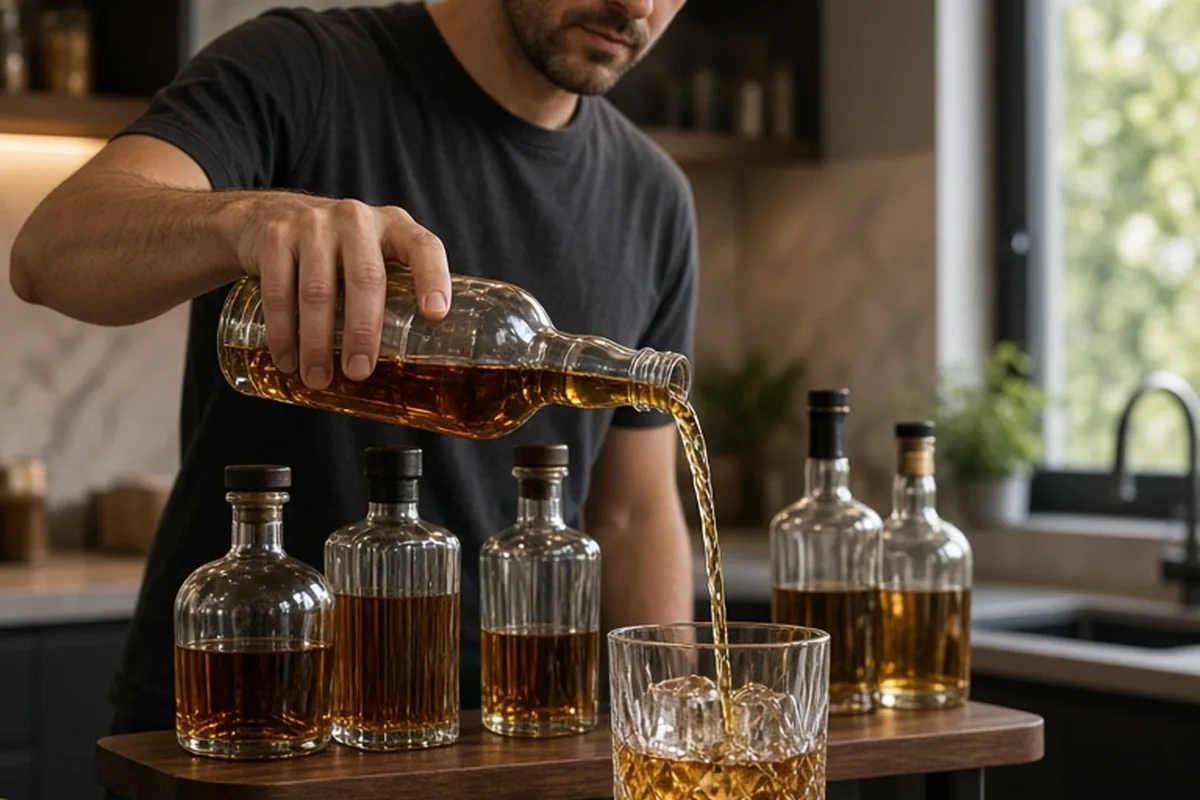 A man with short dark hair wearing a casual t-shirt pouring whiskey into a heavy crystal rocks glass filled with large clear ice cubes on a two-tier walnut bar display surrounded by whiskey bottles in