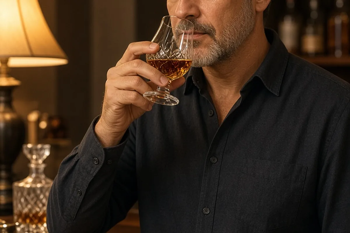 A man in his forties lifting a Glencairn glass filled with whiskey to his nose in a home bar