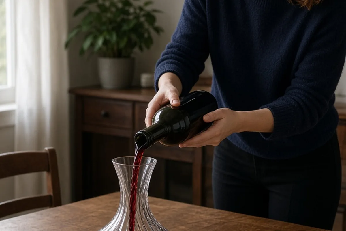 A woman pouring red wine into a crystal decanter on a dining table.