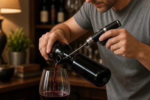 A clearly adult man with short brown hair in a gray t-shirt pours wine using an argon preservation system from a bottle into a crystal glass at his home bar counter