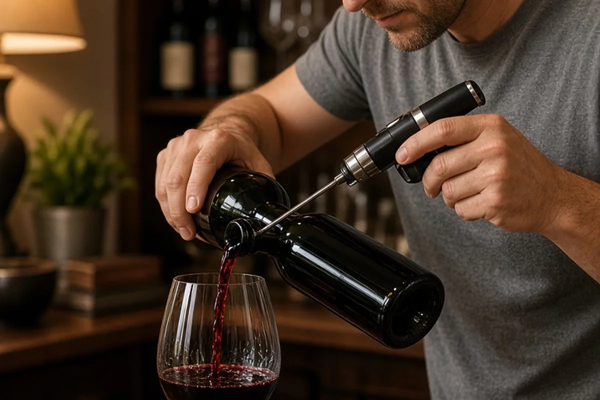 A clearly adult man with short brown hair in a gray t-shirt pours wine using an argon preservation system from a bottle into a crystal glass at his home bar counter
