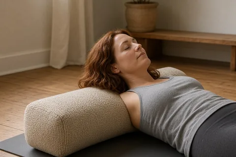 Woman in her thirties lying in restorative savasana on a yoga mat with a rectangular buckwheat bolster under her lower back in a home yoga studio