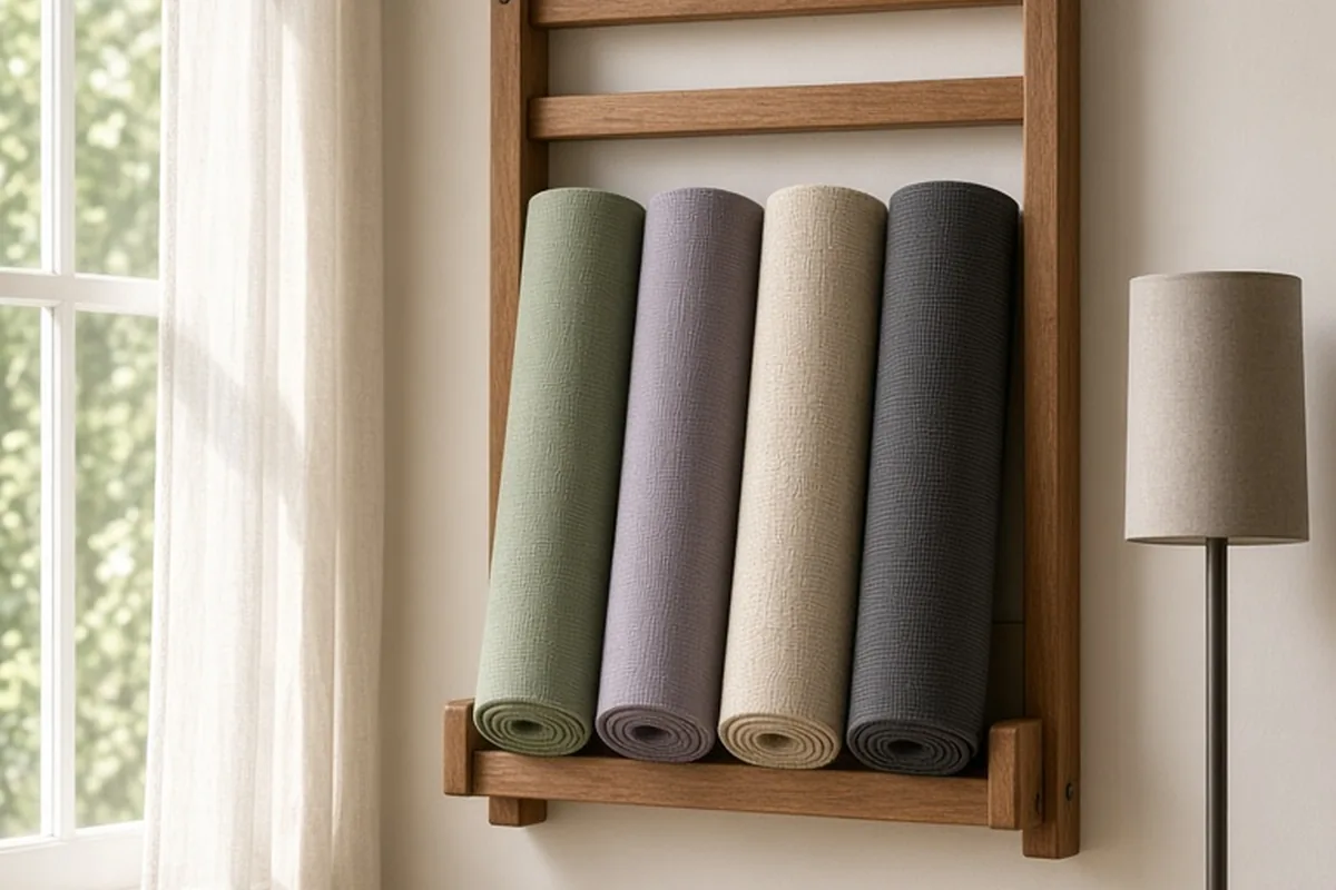 Minimalist wooden wall rack holding rolled yoga mats in a home corner by a window