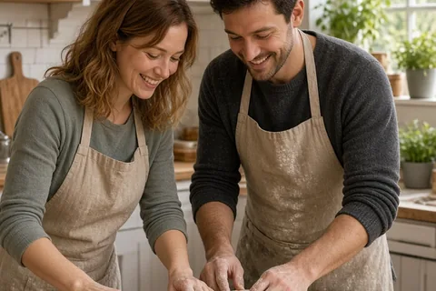 A couple making pasta dough together in a professional cooking studio kitchen