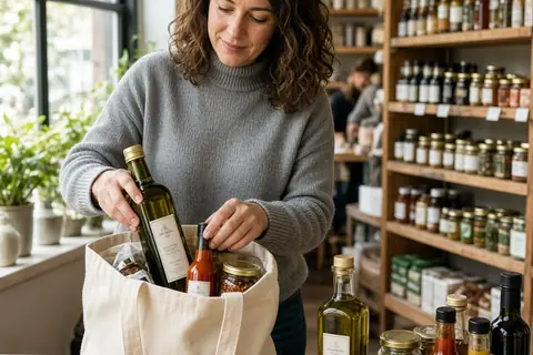 A woman carefully packing gourmet food ingredients including olive oil and spices into a reusable tote bag at a kitchen store counter.
