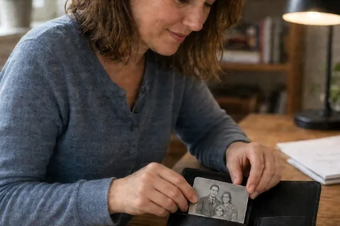 A woman in casual clothes at a desk carefully inserting a small engraved family photo into a passport wallet