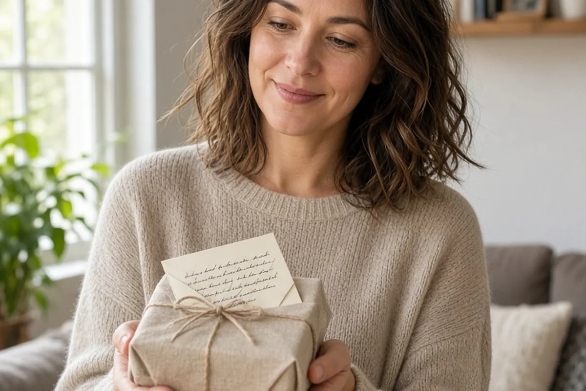 A woman in her thirties holding a gift box with a letter visible in a living room.