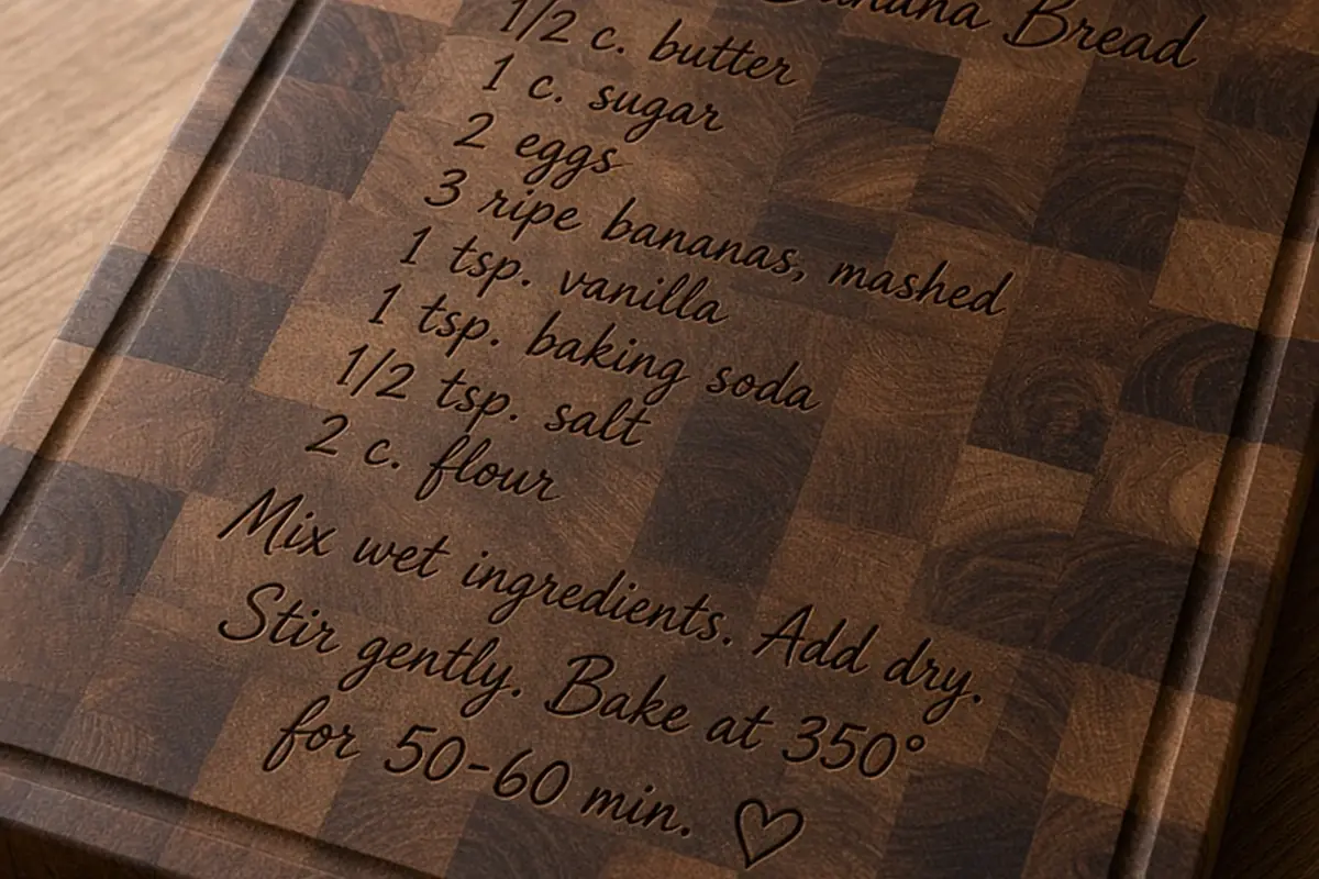 An end-grain walnut cutting board with a subtle engraving of a family recipe in a loved one's actual handwriting
