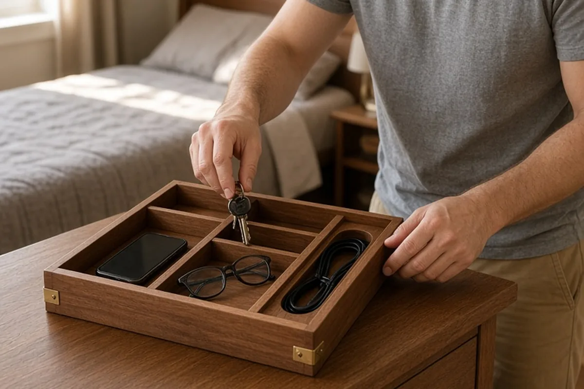A man in a bedroom arranging his keys and glasses into a valet tray on a dresser