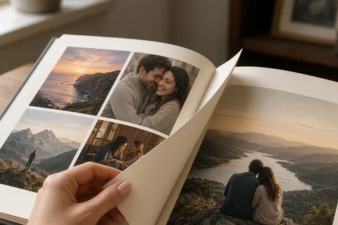 A woman's hand turning the page of an open photo book on a desk with photographs visible inside