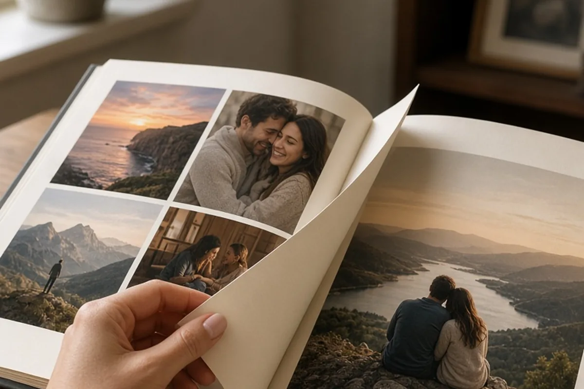 A woman's hand turning the page of an open photo book on a desk with photographs visible inside