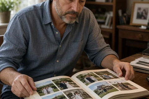 A man in his mid-forties with salt-and-pepper hair and light beard flipping through an open photo book at a wooden desk in a study.